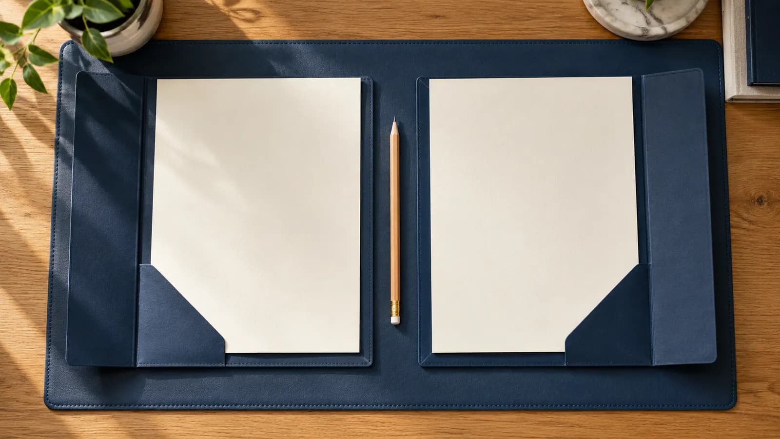 Illustrative two blank document folders arranged side by side with a pencil