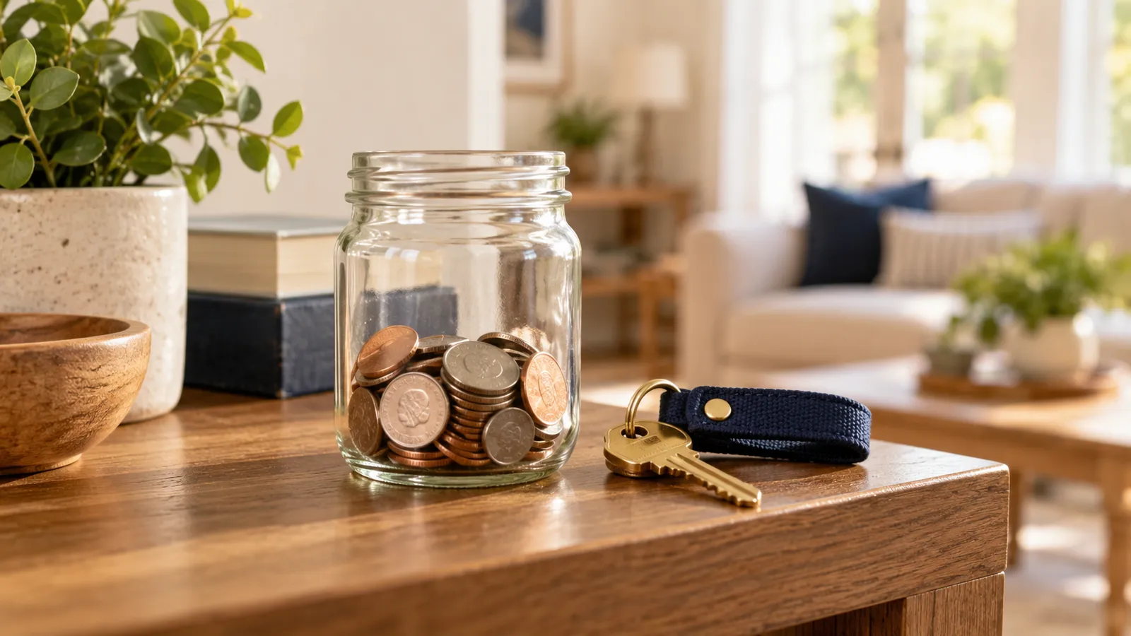 Illustrative glass savings jar and house key on a wooden shelf