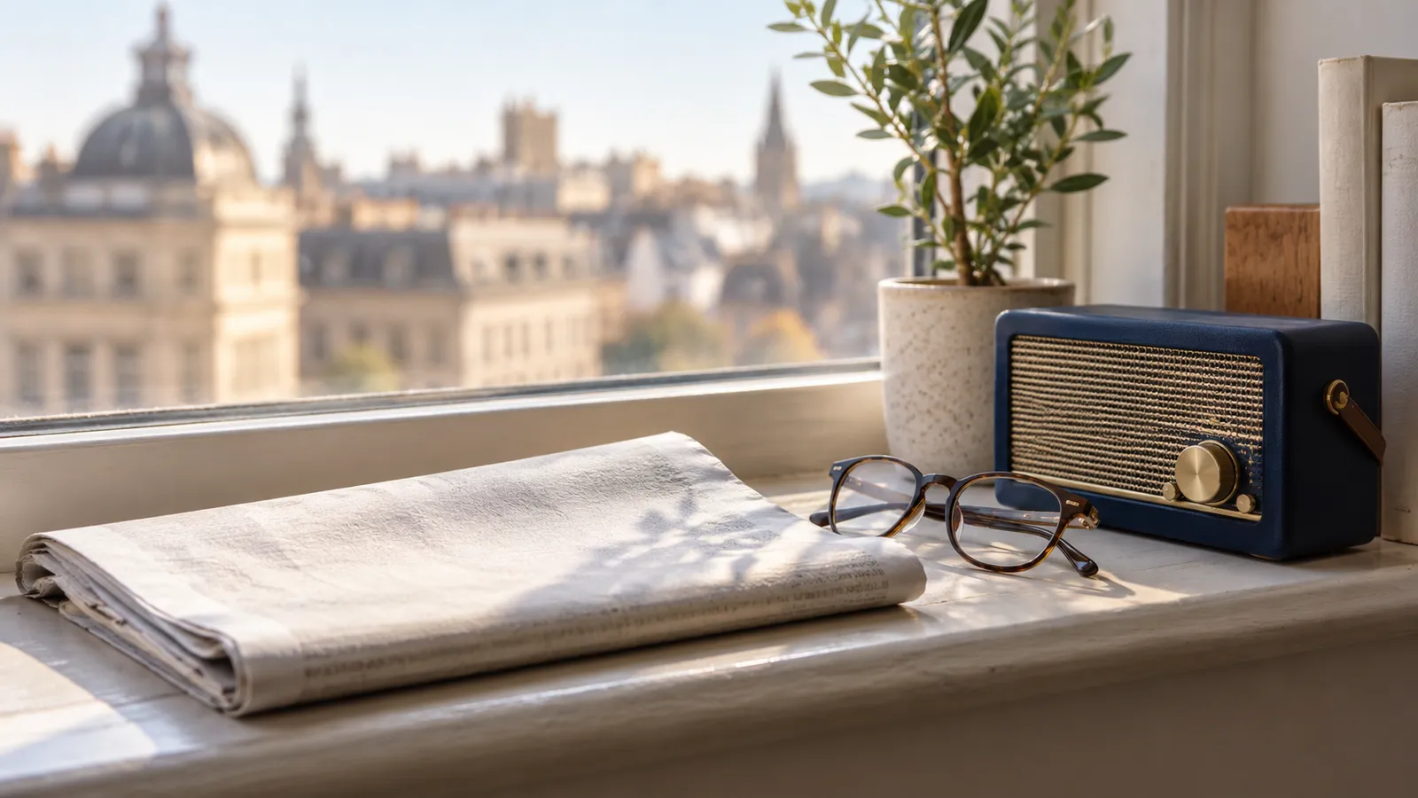 Illustrative folded newspaper, reading glasses and radio beside a sunlit window