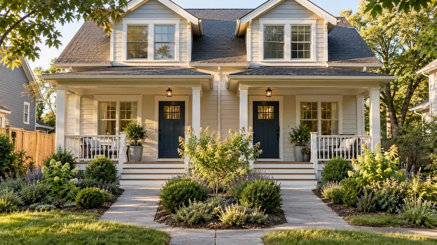 Illustrative duplex with two blue front doors and a shared garden path